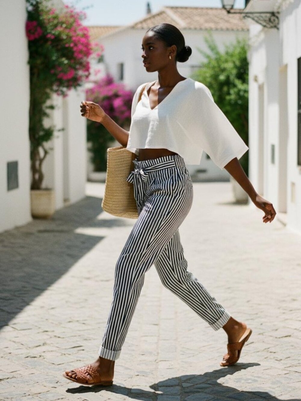 Zara Blue & White Striped Paperbag Waist Tapered Cotton Pants